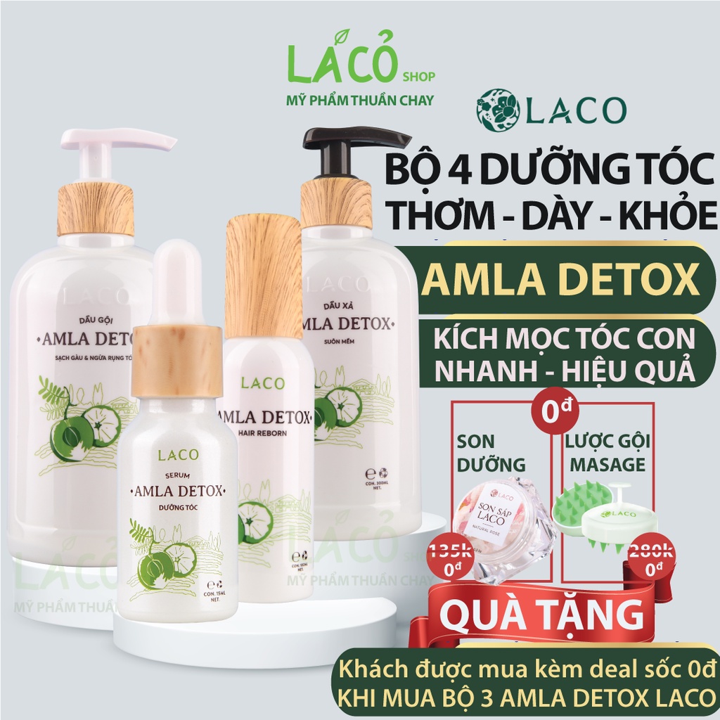 Bộ dầu gội dành cho tóc nhuộm xịt dưỡng tóc uốn AMLA DETOX LACO dầu gội kích thích mọc tóc LÁ CỎ MỸ PHẨM THUẦN CHAY