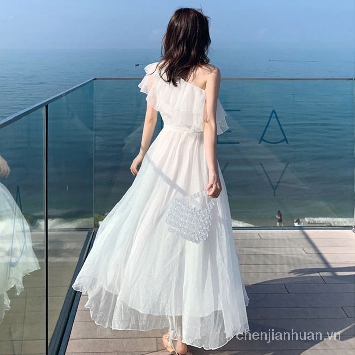 #50 váy trắng kỉ yếu công chúa trễ vai Sanya Holiday Trắng Váy Dài Nữ Mùa Hè2021Mới VAI ĐẦM Voan Bên Bờ Biển, Bãi Biển Cổ Tích
