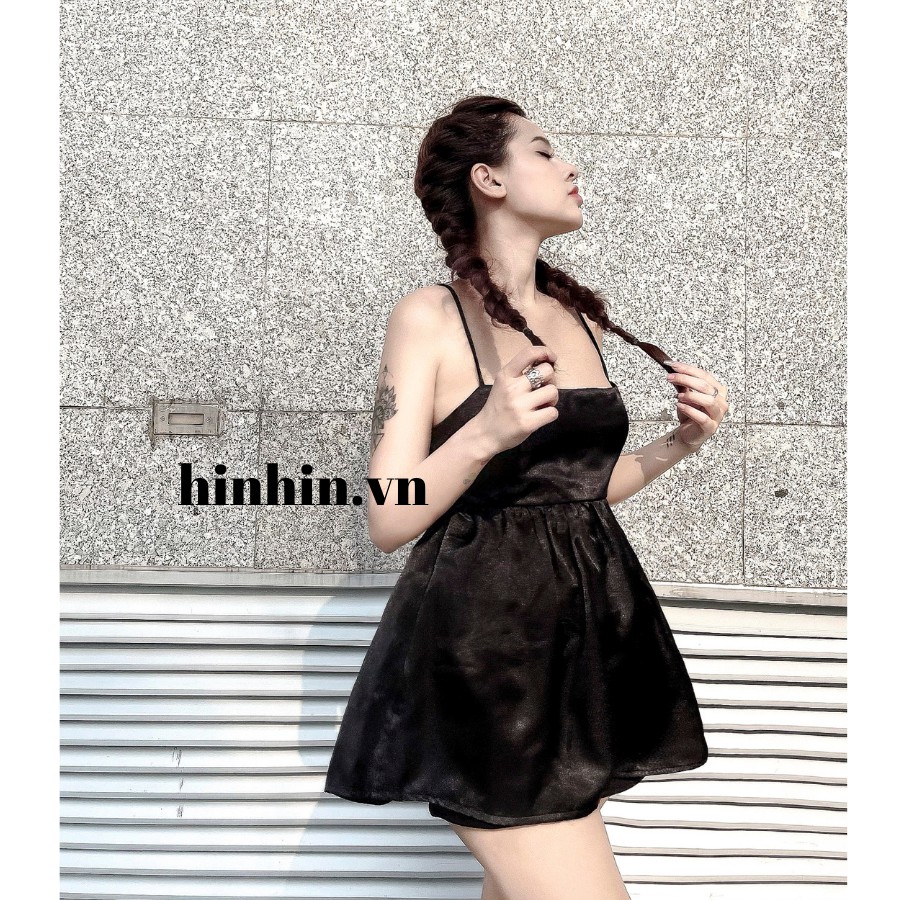 Set lụa 2 dây hở lưng màu đen áo babydoll xoè & quần short ôm co giản HS71 - Hỉn Hỉn Store | BigBuy360 - bigbuy360.vn
