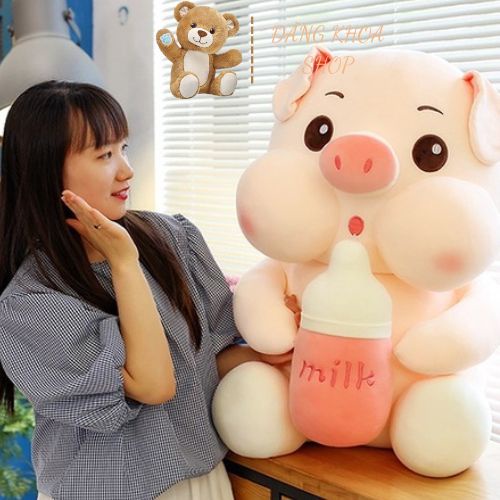 Gấu Bông Gấu Ôm Heo Ôm Bình Sữa, Heo Milk Lợn Nhồi Bông Chất Liệu Vải Nhung Mịn Cao Cấp