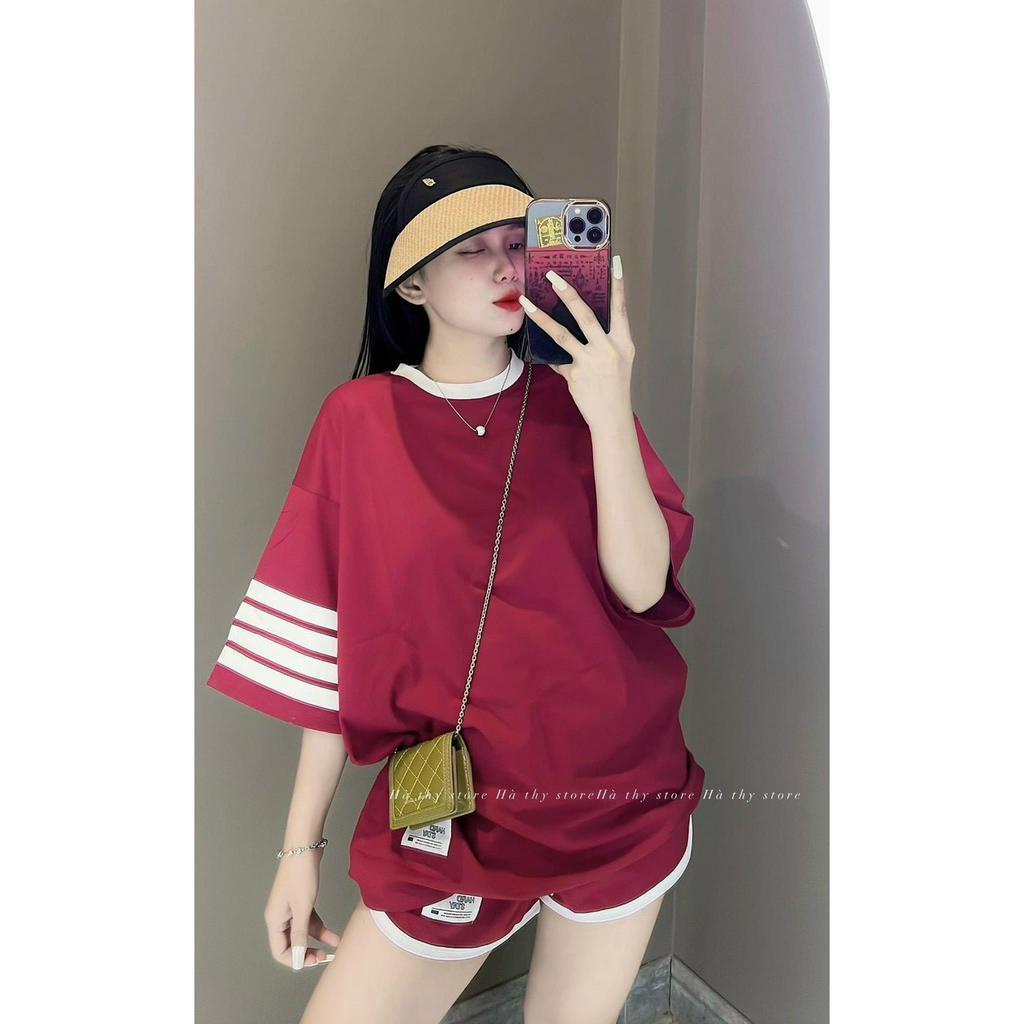Set bộ đùi áo thun form rộng phối viền kẻ sọc bên tay mix quần đùi với ba tone màu xinh xắn, Set đồ nữ chất thun mát mẻ