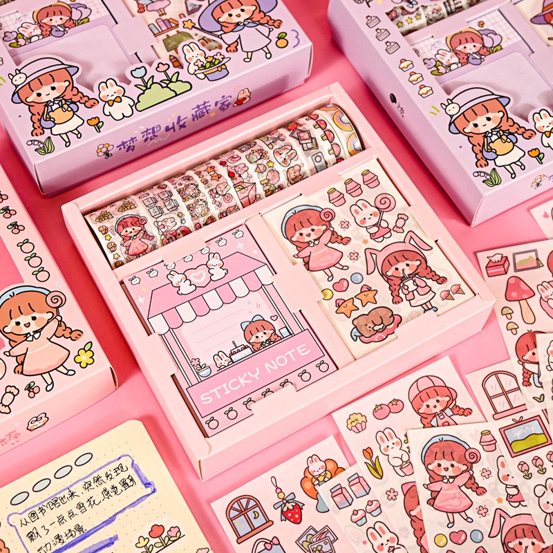 Hộp Sticker Cute 10 tờ - 10 Washi Tape - 30 Tờ Giấy Note  Sitker Trang Trí Sổ Tay  Hinh Dan Cute Hình Dán Công Chúa Giấy Nhớ