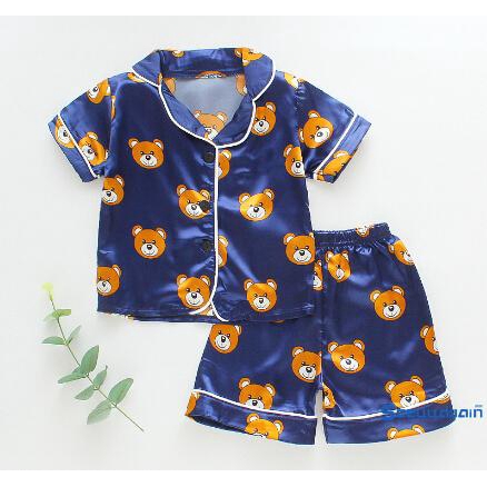 ❥☀✿SEEChildren Cartoon Bear Two-piece Pajamas Girls Short Sleeve Lapel Top with Button Elastic Waistband Shorts Set