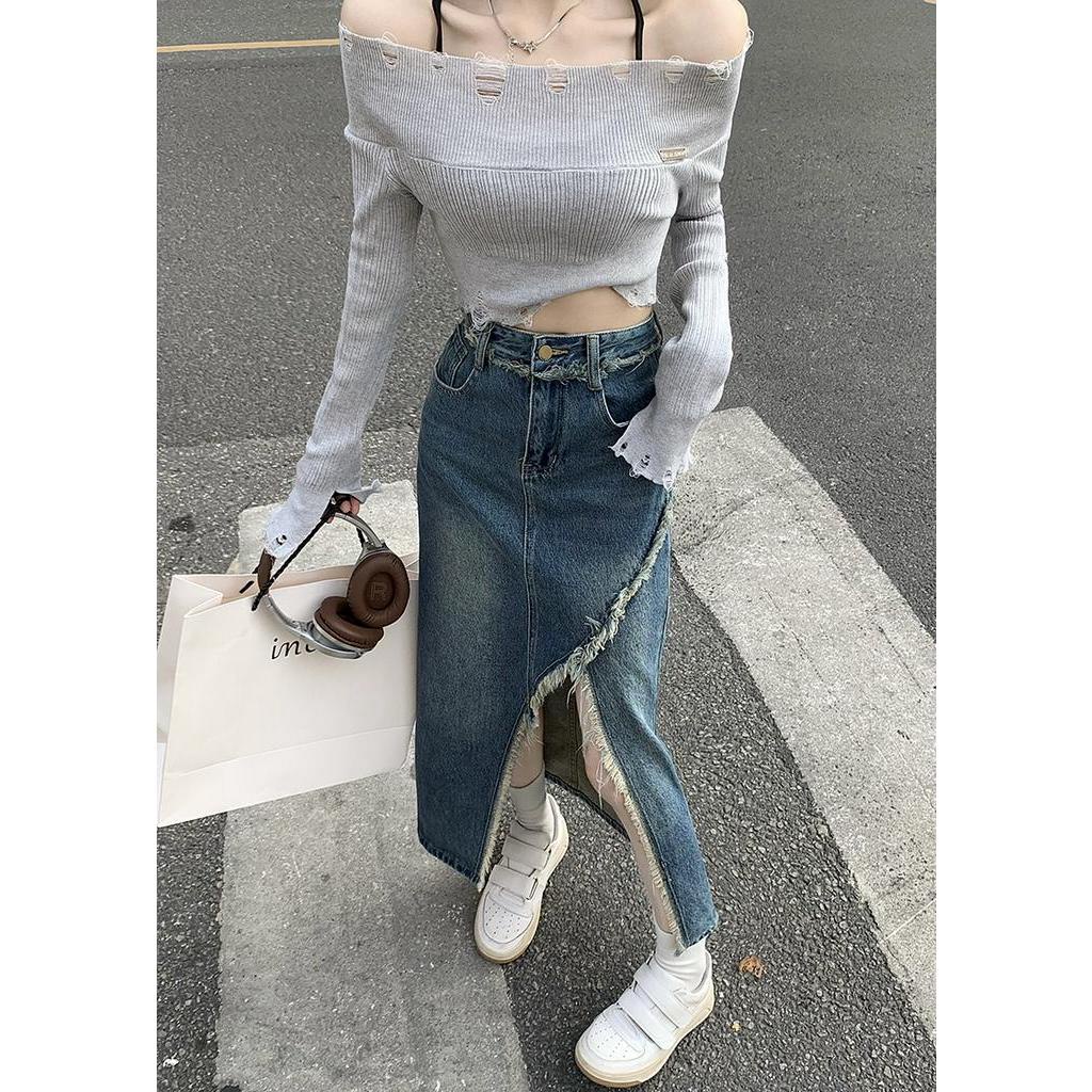 Chân váy jean Lưng Cao Xẻ Tà Phong Cách retro Dành Cho Nữ