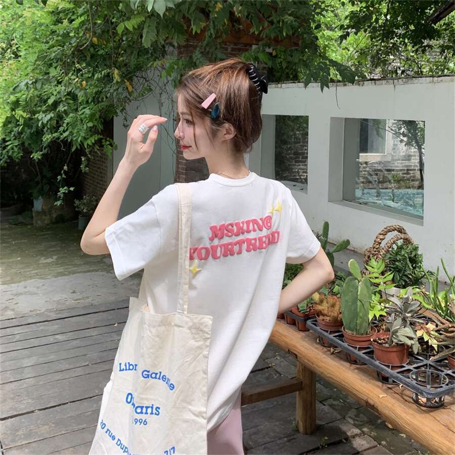 Áo Thun Cotton Ngắn Tay Dáng Rộng In Hình Dễ Thương Phong Cách Hàn Quốc  tao bao