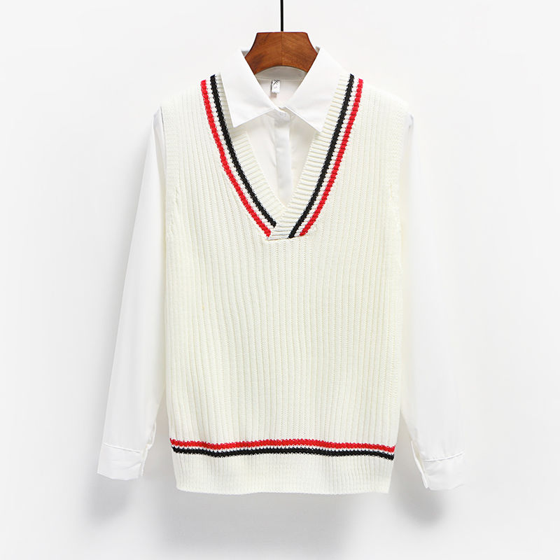 Áo len không tay cổ V phối sọc dáng rộng thời trang Hàn Quốc cho nữ sinh | BigBuy360 - bigbuy360.vn