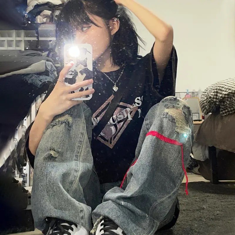 Quần jean ống rộng unisex rách phong cách đường phố | BigBuy360 - bigbuy360.vn