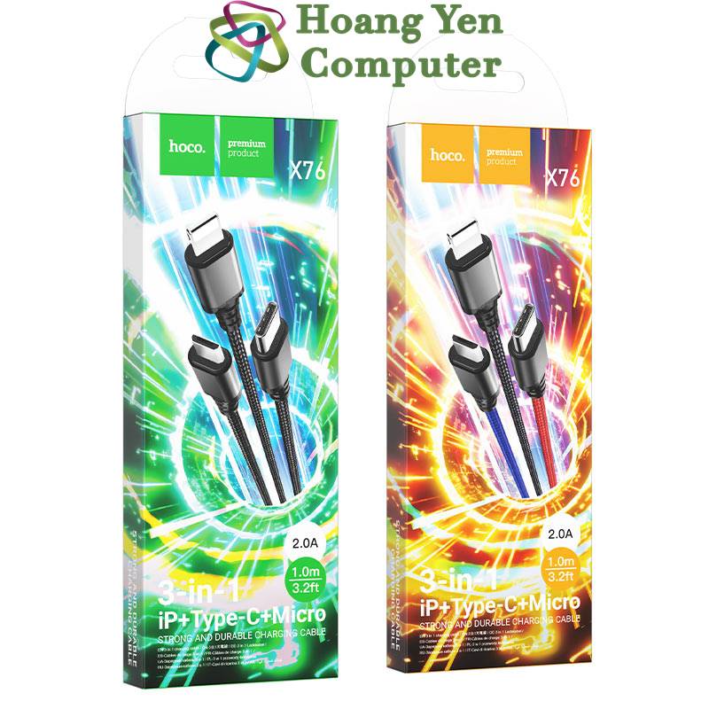 Cáp Sạc 3 Đầu Hoco X76 Dây Dù Dài 1.0M - BH 6 Tháng 1 Đổi 1 - Hoàng Yến Computer