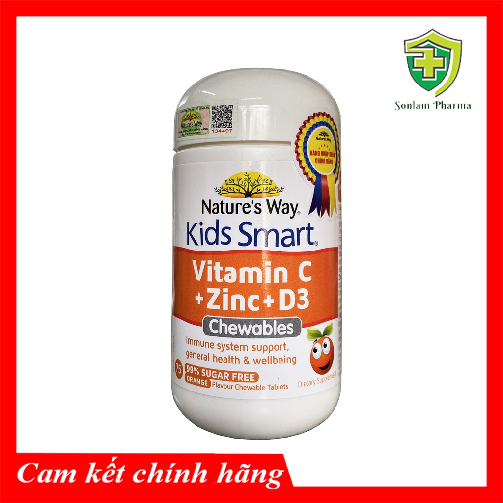 Viên Nhai Nature's Way Kids Smart Vitamin C+Zinc+D3 Chewable Tablets Lọ 75 Viên - Giúp Bé Phát Triển Toàn Diện