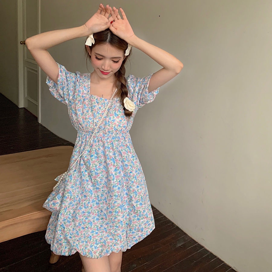 Đầm Hoa Tay Phồng Cổ Vuông Thời Trang Mùa Hè Phong Cách Mới Ngọt Ngào Dễ Thương Cho Nữ