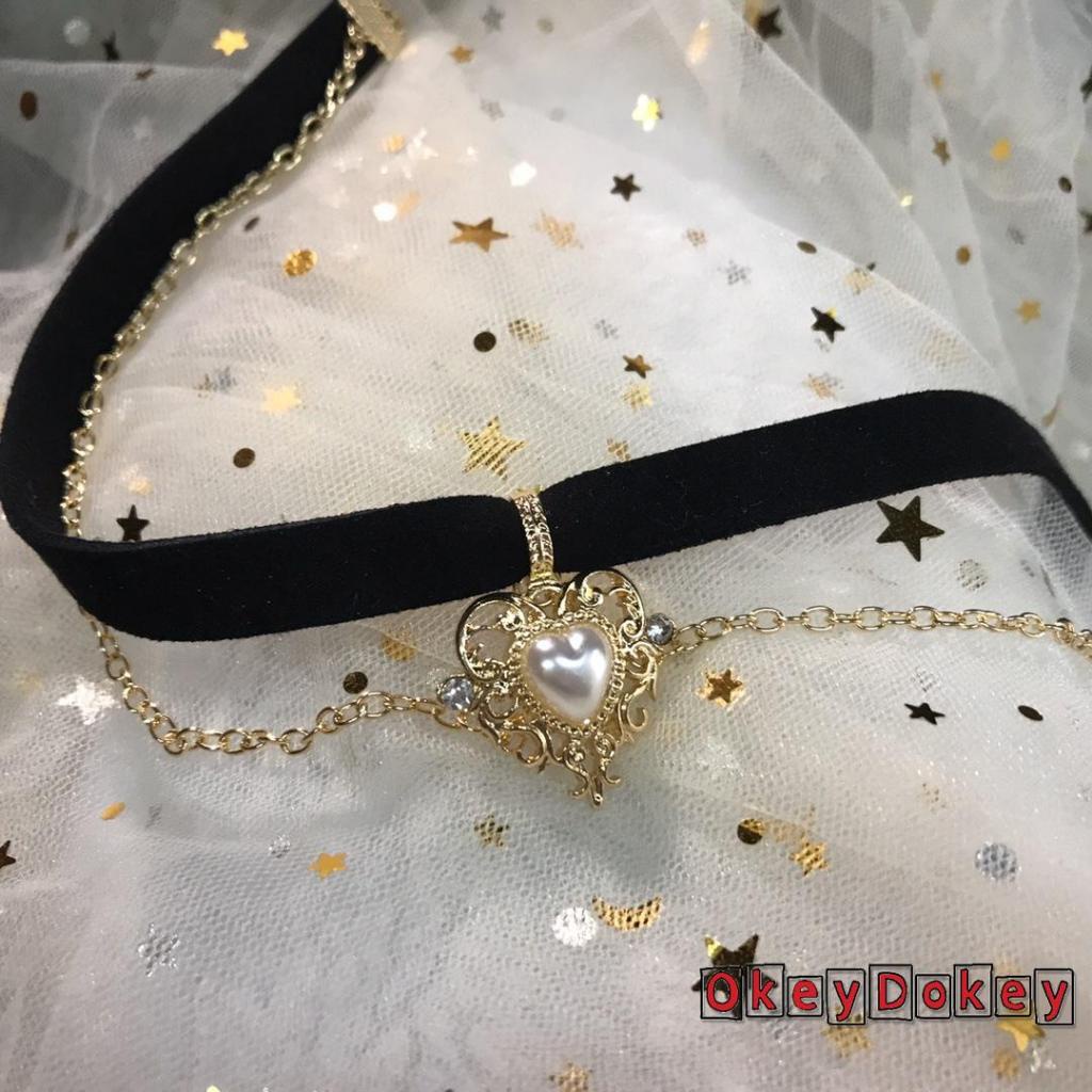 Vòng cổ dây nhung mặt trái tim vàng đính ngọc trai cổ điển có thể điều chỉnh dành cho nữ