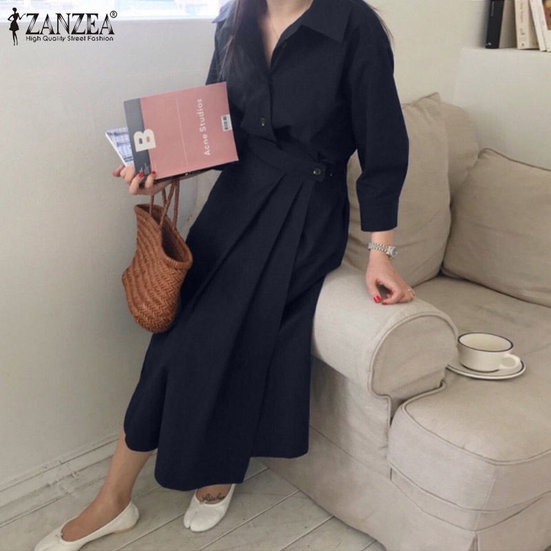 Đầm ZANZEA cổ lật tay áo 3/4 màu trơn phối nút phong cách Hàn Quốc đơn giản thời trang thanh lịch dành cho nữ