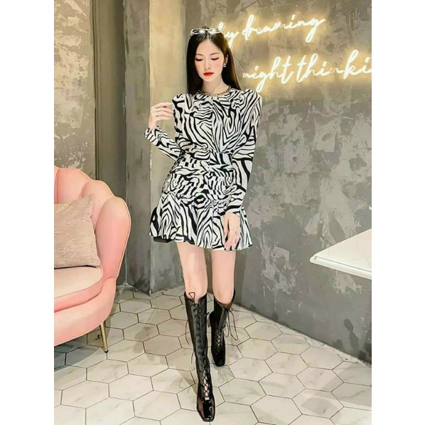 (ẢNH THẬT) Đầm thiết kế body, nhún, tay phồng, họa tiết ngựa vằn