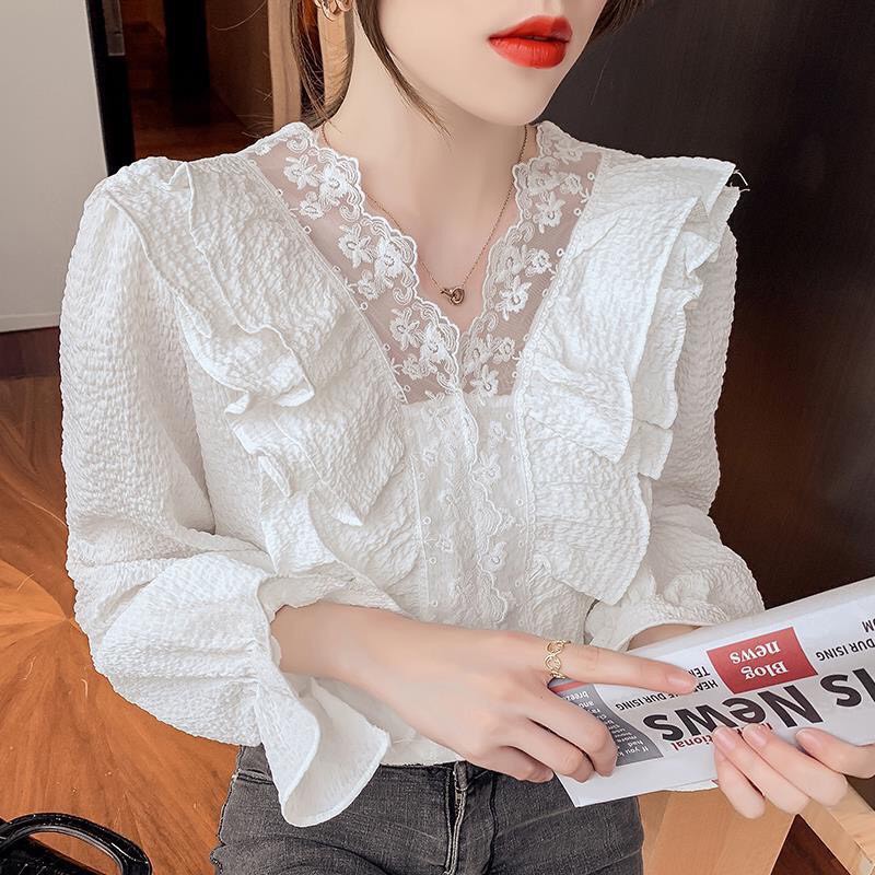 Áo Sơ Mi Nữ Kiểu Dài Tay Cổ Chữ V Phối Bèo Ren Tay Loe