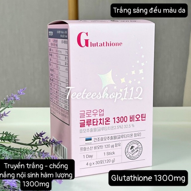 Truyền trắng chống nắng nội sinh Glow Up Glutathione 1300 Biotin hộp 30 gói