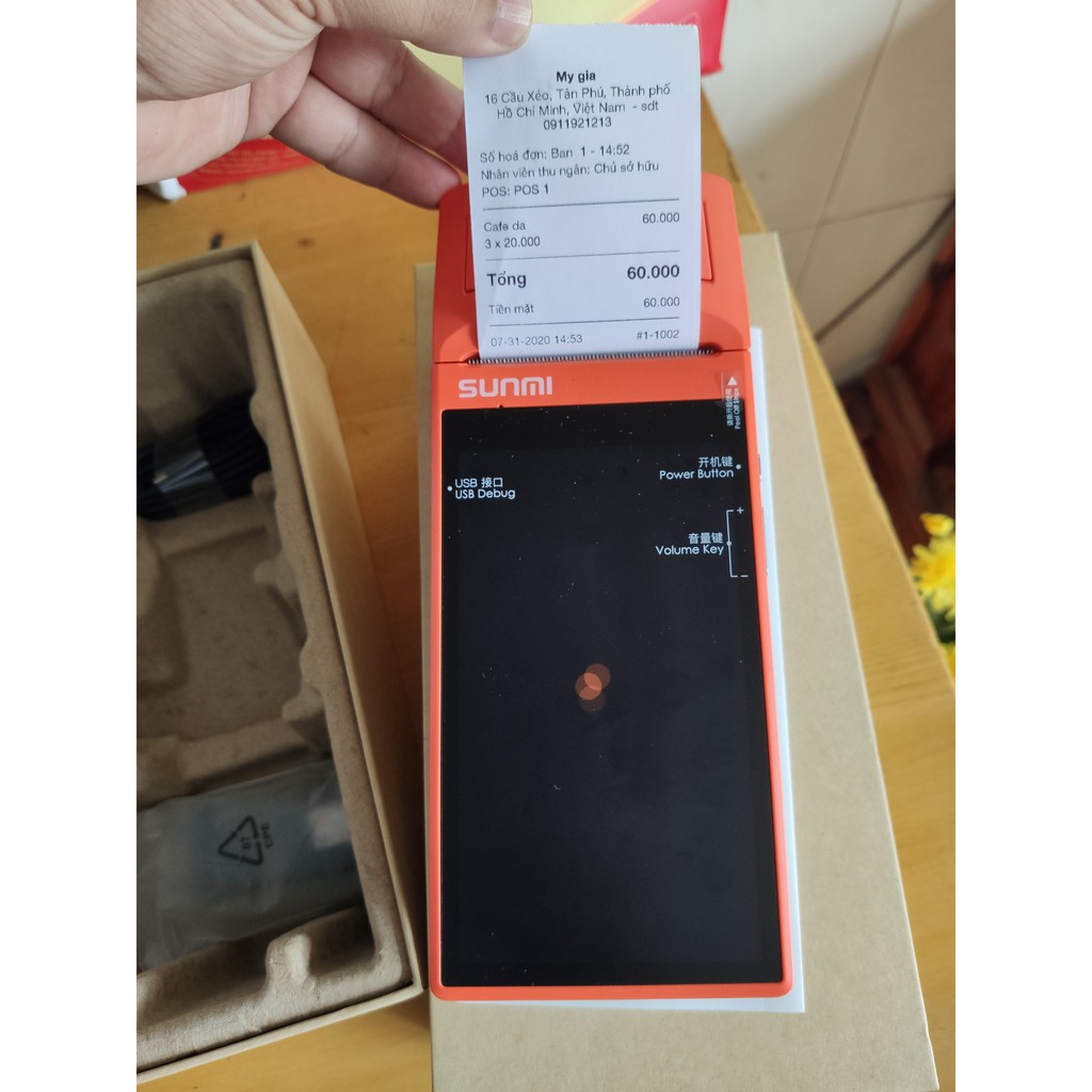 MÁY POS CẦM TAY SUNMI V1S Tăng Kèm Phần Mềm Miễn Phí In Bill Trực Tiếp Dùng Goviet Food, Grab Food