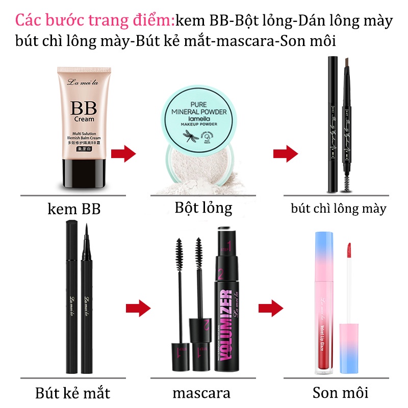 Bộ trang điểm đầy đủ LAMEILA 6 món， Kem BB, Phấn phủ,  Mascara, Chì kẻ mày, Kẻ mắt, Son kem，LML-T6