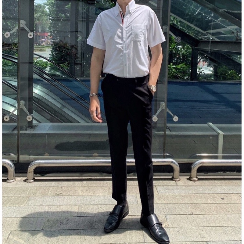 Áo sơ mi Thom Brown tay ngắn viền trong khuy, vải oxford cao cấp
