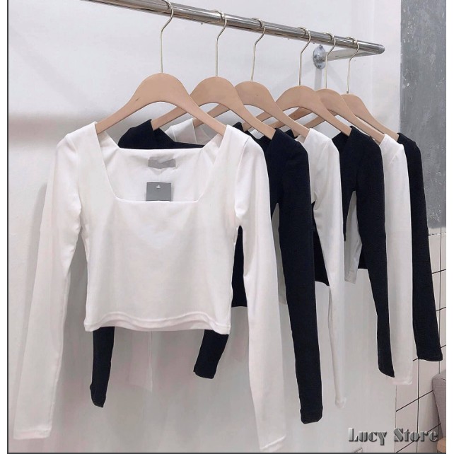 Áo Croptop Cổ Vuông Tay Dài Croptop Dài Tay