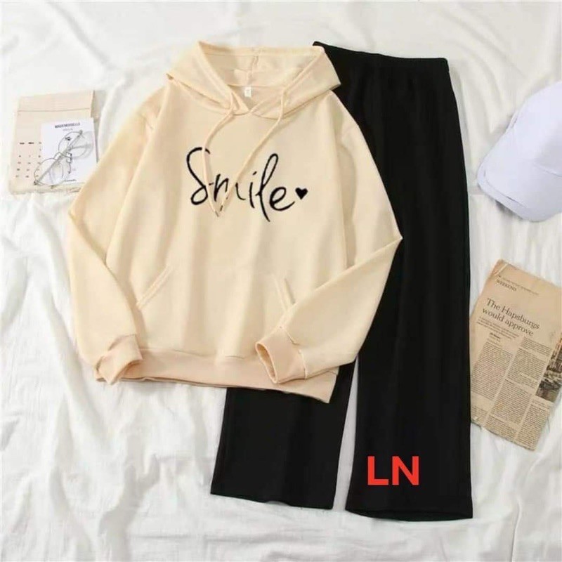 Sét áo hoodie smiler tim đen + quần ống rộng LN11