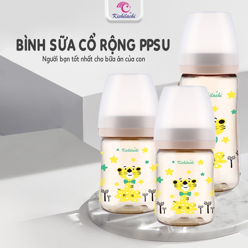 BÌNH SỮA CỔ RỘNG KICHI CON HỔ CẢM BIẾN NHIỆT PPSU CAO CẤP 170ML/270Ml
