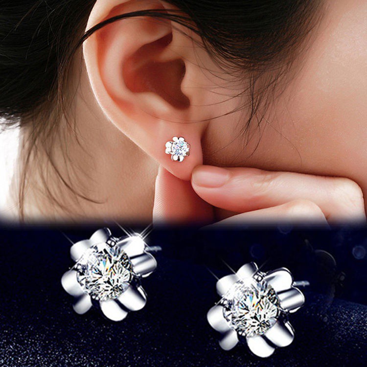 Hoa tai mạ bạc hình hoa đính đá sang trọng