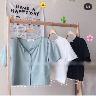 Áo croptop gân trơn tay ngắn gài nút