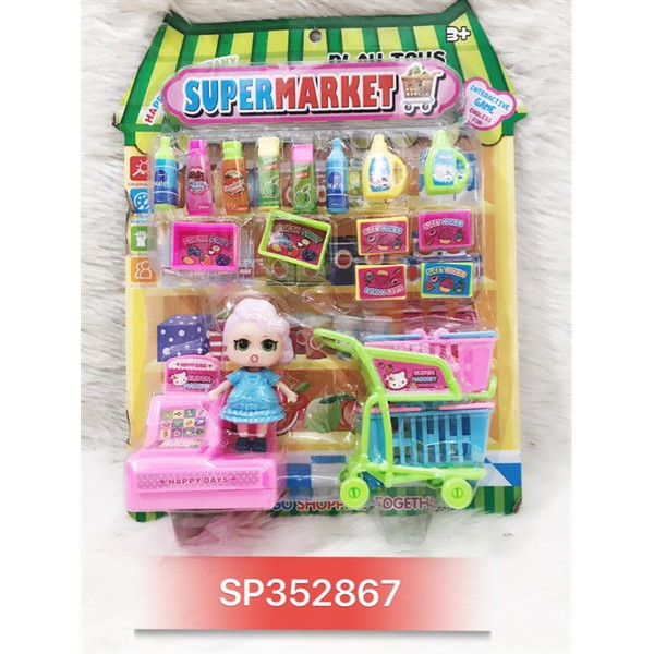 Đồ chơi bếp đẩy siêu thị, 1c bé, nước, trái cây, máy tính, 2019I1