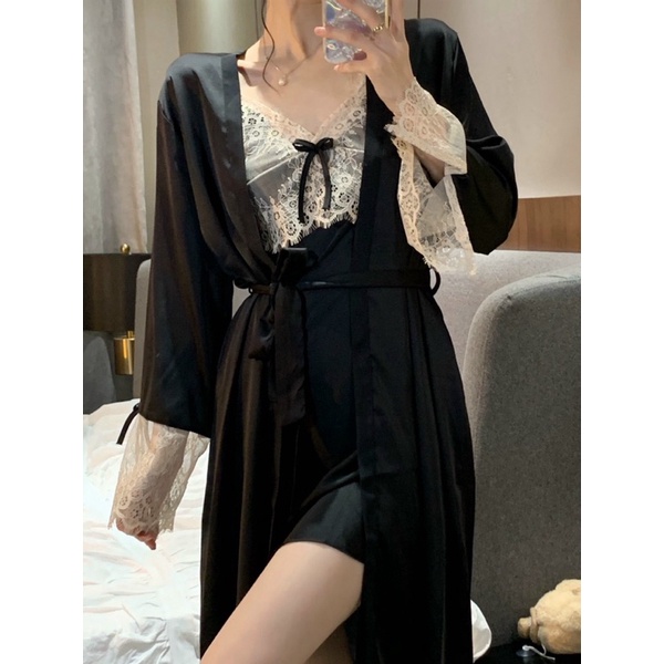 Sỉ Set choàng lụa tiểu thư phối viền ren cao cấp có mút ngực&amp;đai váy(ảnh thật +video)SP069