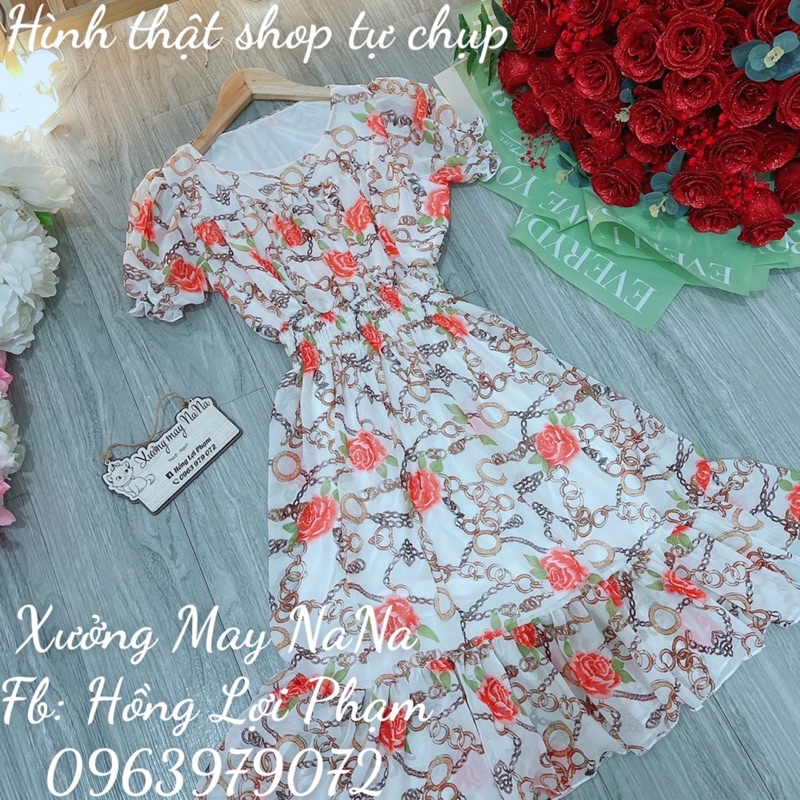 Đầm hoa nhí tay phồng đuôi cá