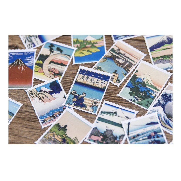 Hộp 46 miếng sticker mẫu tem tranh hokusai phong cảnh nhật bản