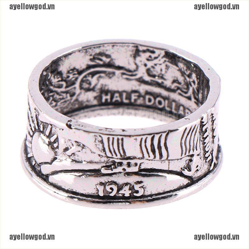 【aye】1Pcs Handmade Coin Rings Vintage Morgan Silver Half Dollar 1945 Carved Jewelry