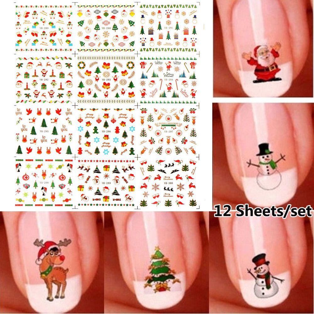 Set 12 Tấm Hình Dán Móng Tay Chủ Đề Giáng Sinh Dễ Thương Dành Cho Nữ