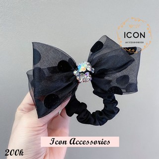 CỘT TÓC NƠ CHẤM BI ĐÍNH ĐÁ HÀN QUỐC cao cấp. Chất lụa. 3 Màu Đen, ghi đá và Kem - kẹp tóc nơ, phụ kiện tóc, bờm đính đá