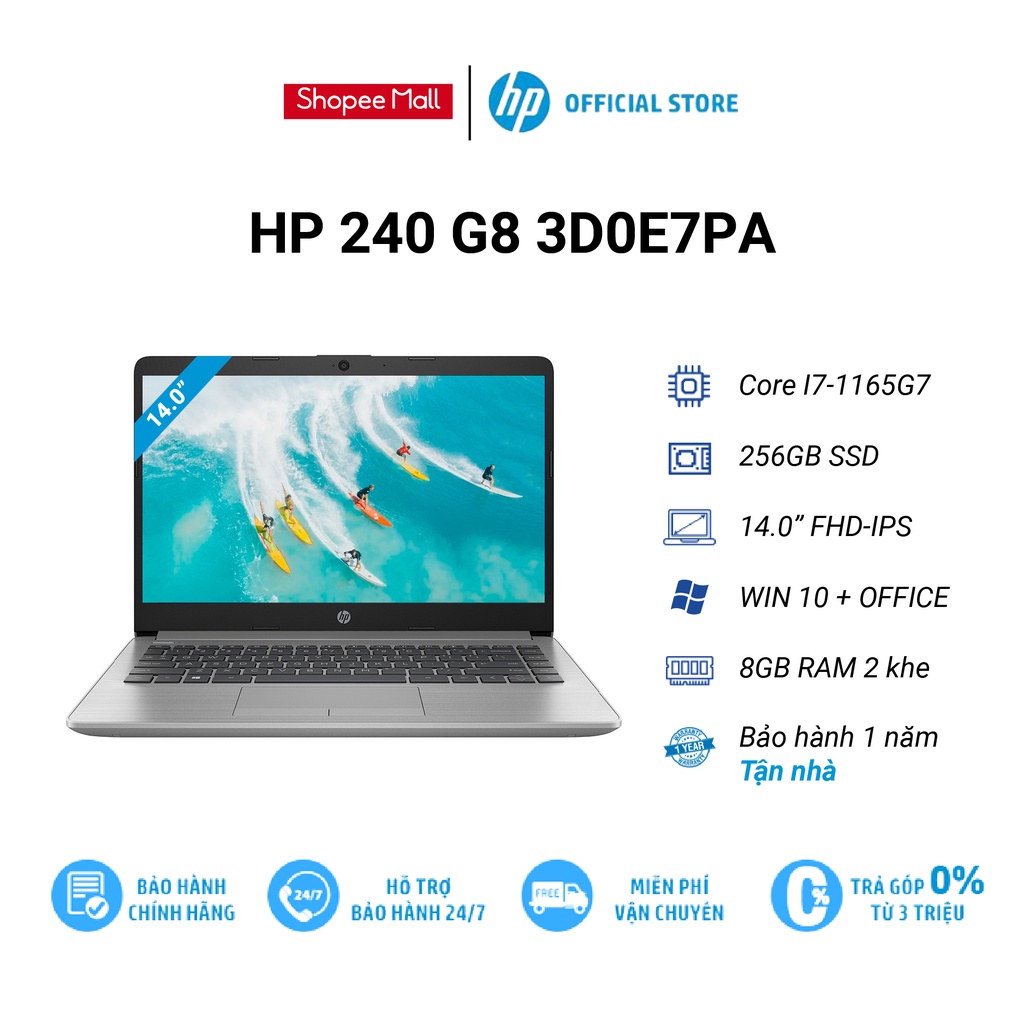 [Mã voucher ELHP15] Laptop HP 240 G8 (3D0E7PA) i7-1165G7 8GB | 256GB | Intel Iris Xe 14.0 inch FHD