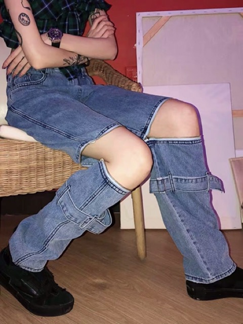 [FORM NAM/NỮ] Quần jeans ống rộng unisex xẻ gối kéo khoá có thể tháo dời oversize Ulzzang siêu chất ❤️