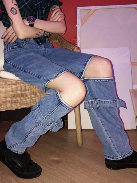 SALE [FORM NAM/NỮ] Quần jeans ống rộng unisex xẻ gối kéo khoá có thể tháo dời oversize Ulzzang siêu chất ❤️ .