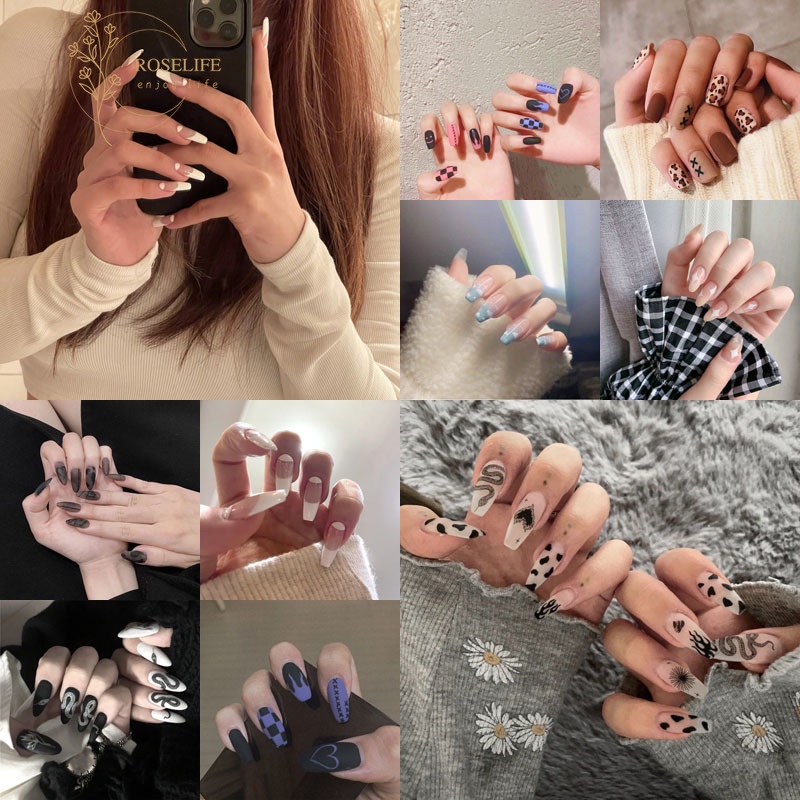 [Hàng mới về] Bộ 24 Móng Tay Giả Với Keo Dán Trang Trí Nghệ Thuật Tự Làm Nhiều Họa Tiết Cho Nữ