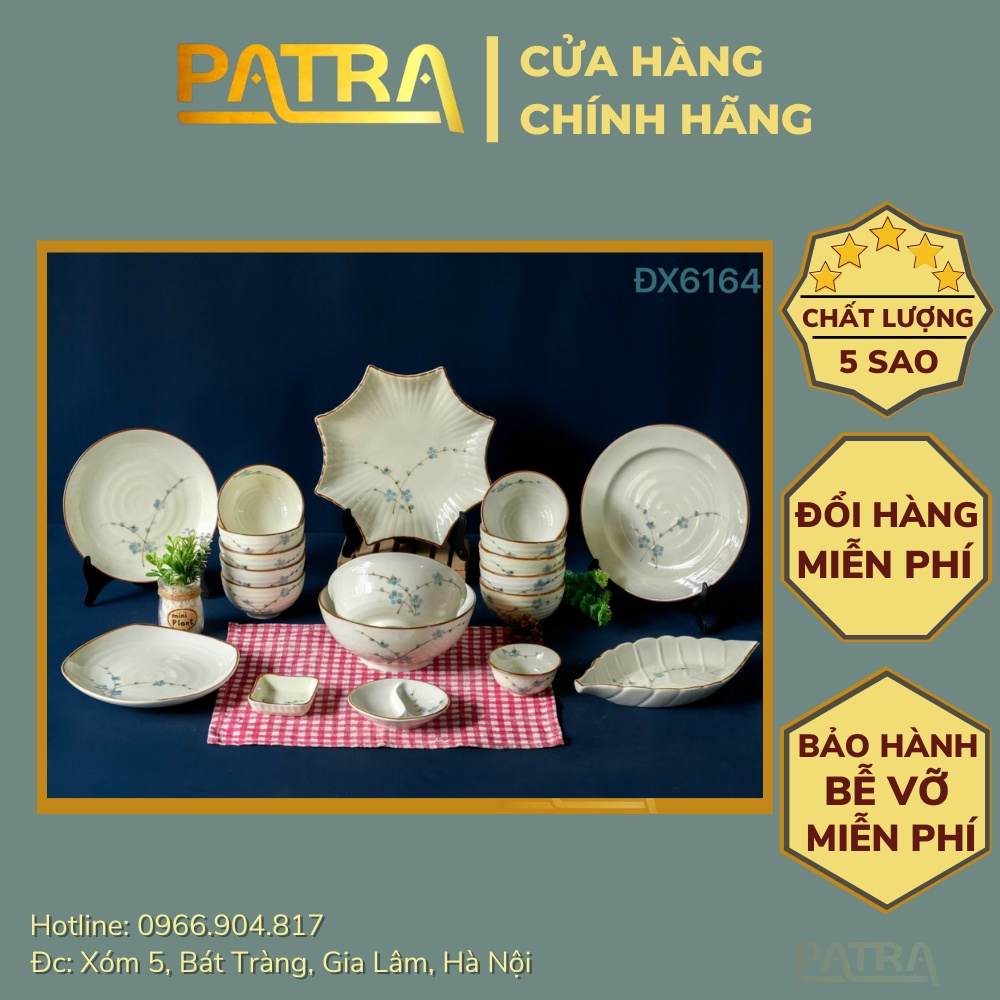 Bộ bát đĩa sứ Bát Tràng, bộ chén đĩa ăn cơm gia đình men kem họa tiết đào xanh cao cấp, nhiều mẫu