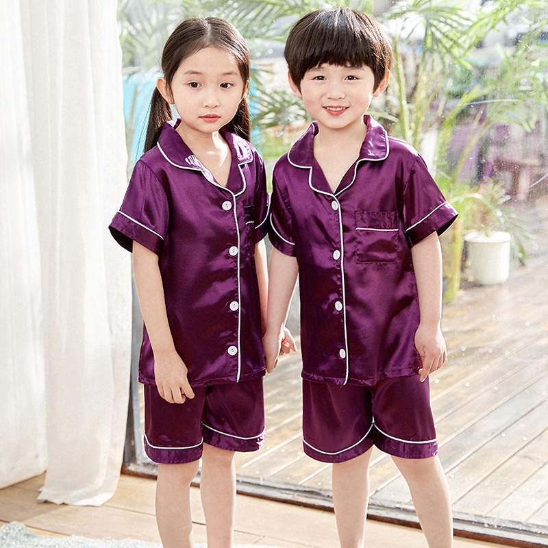 Bộ Đồ Ngủ Pijama Ngắn Tay Vải Lụa Satin Cho Bé Từ 4-14 Tuổi