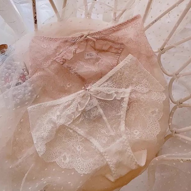 Quần Lót Cotton Lưng Vừa Phối Ren Thoáng Khí Màu Trắng Đen Hồng Phong Cách Nhật Bản