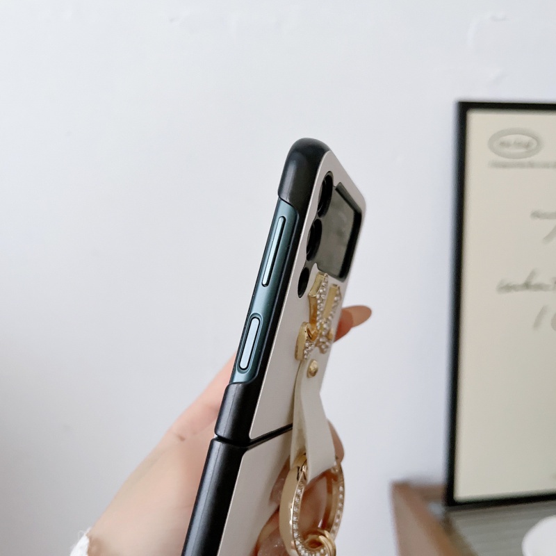 Ốp Điện Thoại Da Nắp Gập Cứng Chống Sốc Có Dây Đeo Dài Đính Nơ Cho Samsung Galaxy Z Flip 3 4