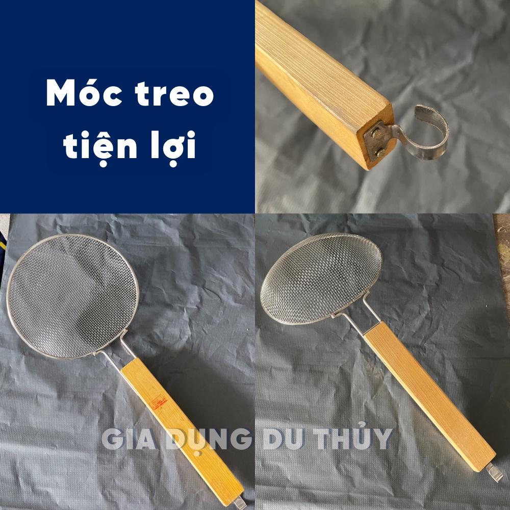 Vợt chiên inox cán gỗ lỗ nhỏ có móc treo, kích thước lớn 20-25-30 cm thích hợp vớt ráo dầu hoặc vớt thức ăn rau luộc