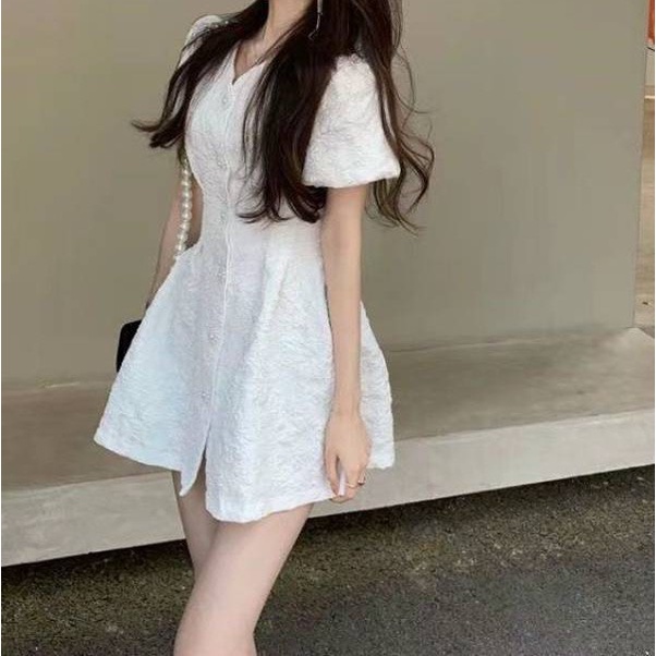 Váy tiểu thư ngắn tay chun hở lưng chất xốp gấp dày dặn hàng Quảng Châu PANOSI - V634