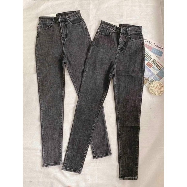 (Bigsize 32-36) Quần dài jean xám rách đùi phải, jean lưng siêu cao co giãn