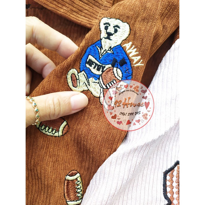 Áo khoác bomber unisex thêu gấu teddy / Áo khoác nam nữ nhung tăm thêu gấu bóng chày cá tính