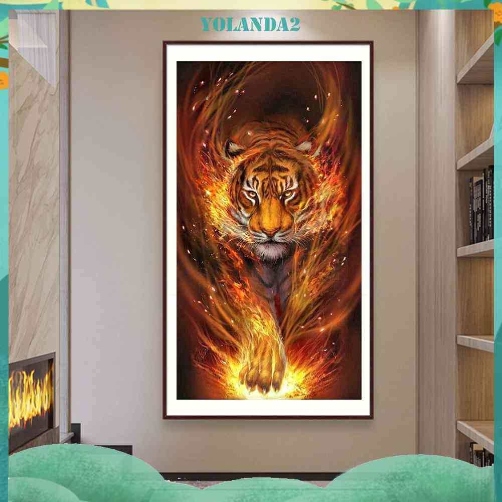 (canvas no printing)  Bộ Tranh Thêu Chữ Thập 11CT DIY Hình Hổ Gắn Ngọn Lửa (Không Kèm In)