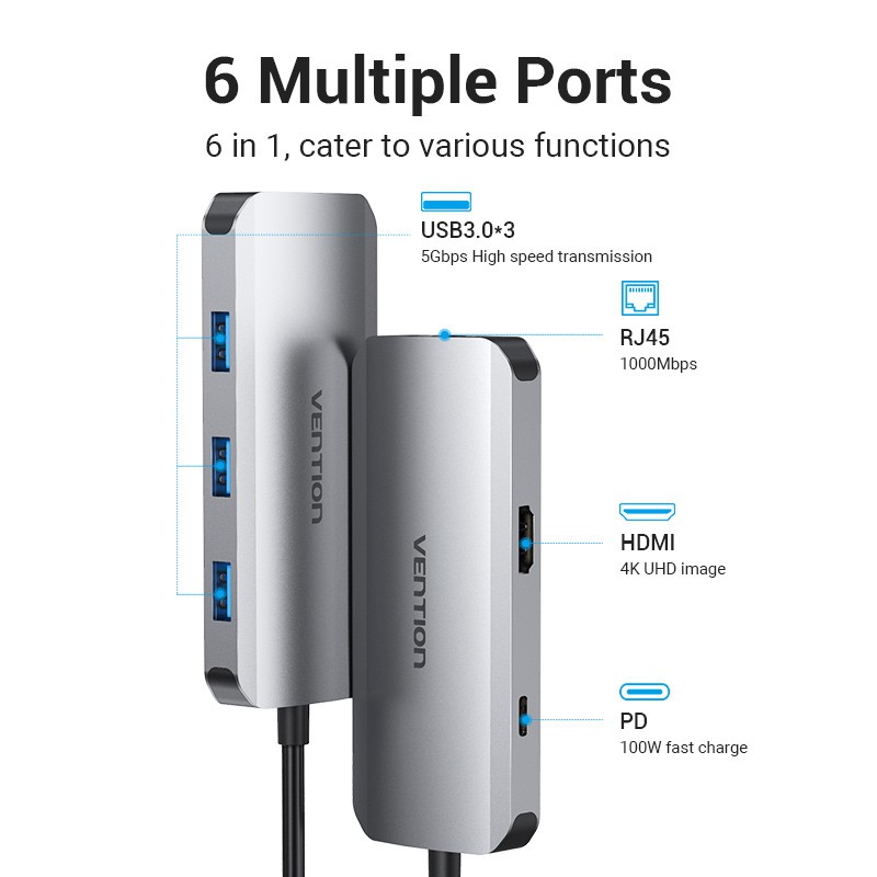 USB C Hub Vention 6 in 1 Multiport Dock Type C to 4K HDMI/USB 3.0/RJ45/PD Docking Station for Laptop PC