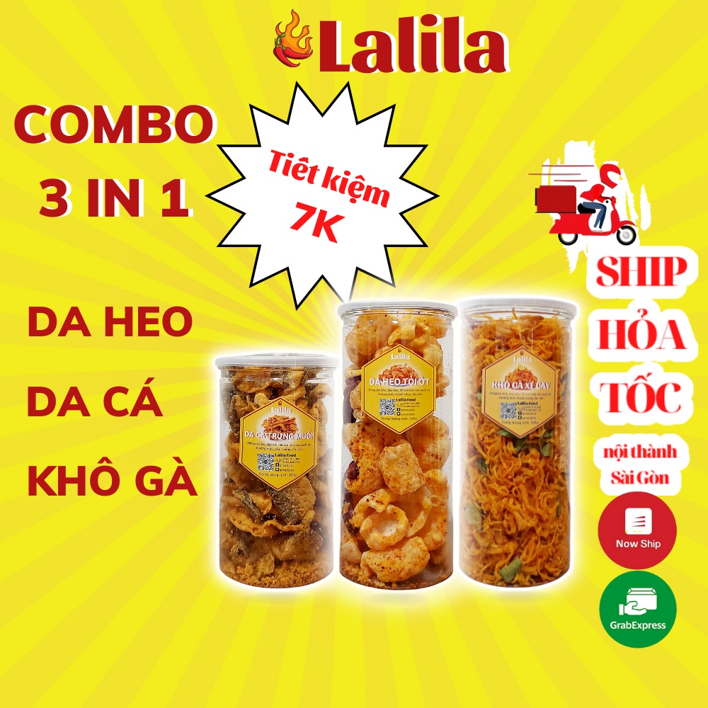 COMBO3 Da heo cháy tỏi 160g, Khô gà lá chanh 300g, Da cá trứng muối 200g - đồ ăn vặt ngon