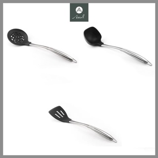 Bộ 3 muỗng muôi lỗ xào nấu múc đồ ăn lẩu canh, dụng cụ nấu ăn inox 304 đầu Silicon chịu nhiệt cao cấp